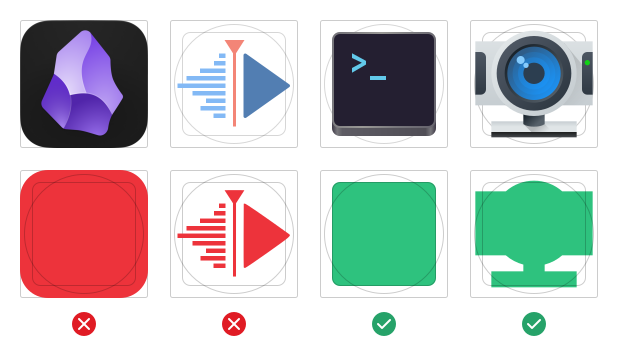 Examples of icons with footprints that are too large, too small, and just right.