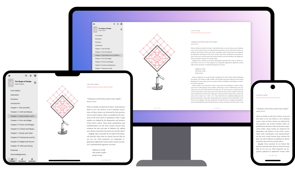 Foliate app adapting across a desktop, tablet, and phone