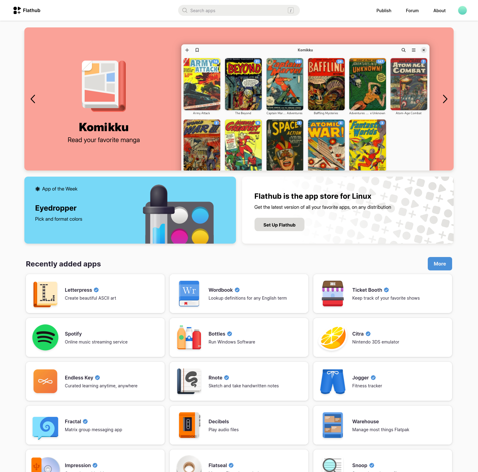 Flathub home page mockup with app banners including screenshots